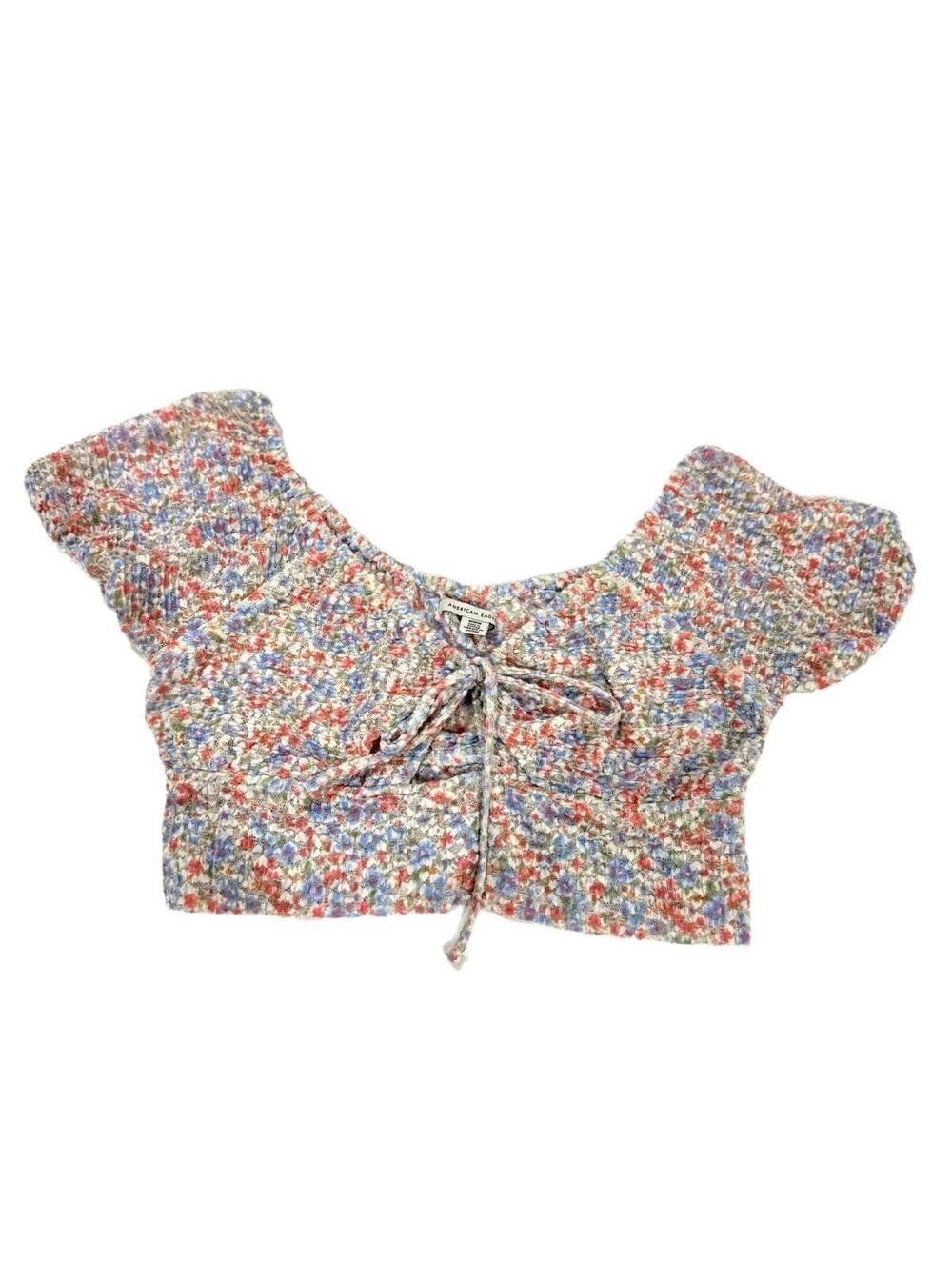 American Eagle Floral Tie Front Festival Crop Top Medium Boho Coquette